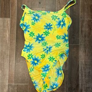 Vintage Yellow and Blue Floral One Piece Swim Suit